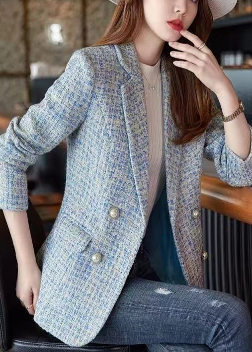 French Blue Notched Woolen Formal Coats Spring