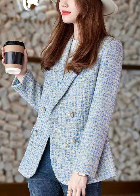 French Blue Notched Woolen Formal Coats Spring