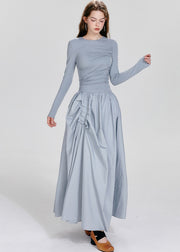 French Blue O-Neck Asymmetrical Wrinkled Maxi Dresses Fall