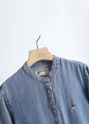 French Blue O Neck Button Pockets Denim Shirts Long Sleeve