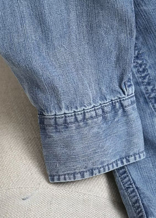 French Blue O Neck Button Pockets Denim Shirts Long Sleeve