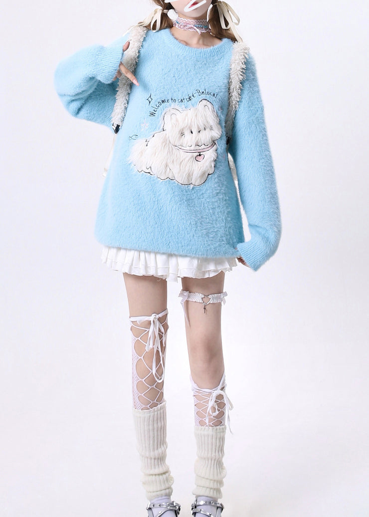 French Blue O Neck Cartoon Ma Hai Mao Knit Sweaters Spring