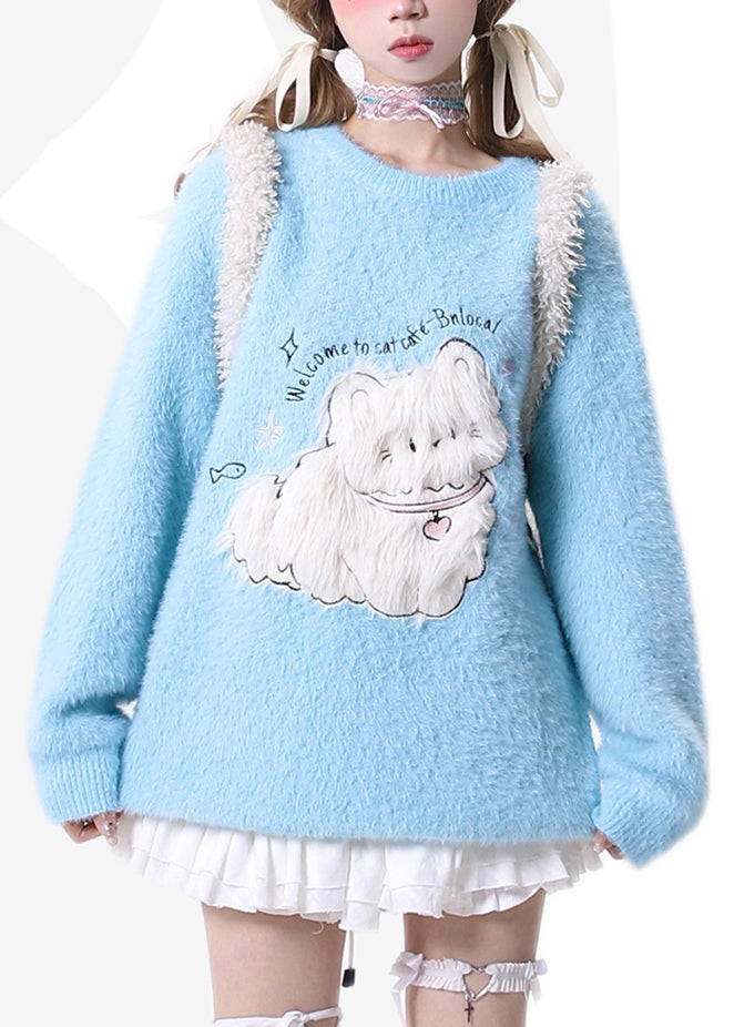 French Blue O Neck Cartoon Ma Hai Mao Knit Sweaters Spring