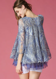 French Blue O-Neck Embroideried Hollow Out Tulle A Line Tops Spring