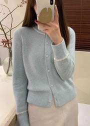 French Blue O Neck Handmade Nail Bead Knit Cardigan Fall