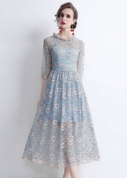 French Blue O-Neck Hollow Out Lace Cinch Dresses Half Sleeve