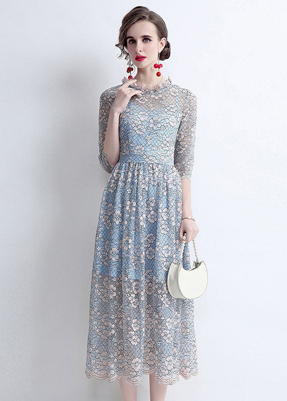 French Blue O-Neck Hollow Out Lace Cinch Dresses Half Sleeve