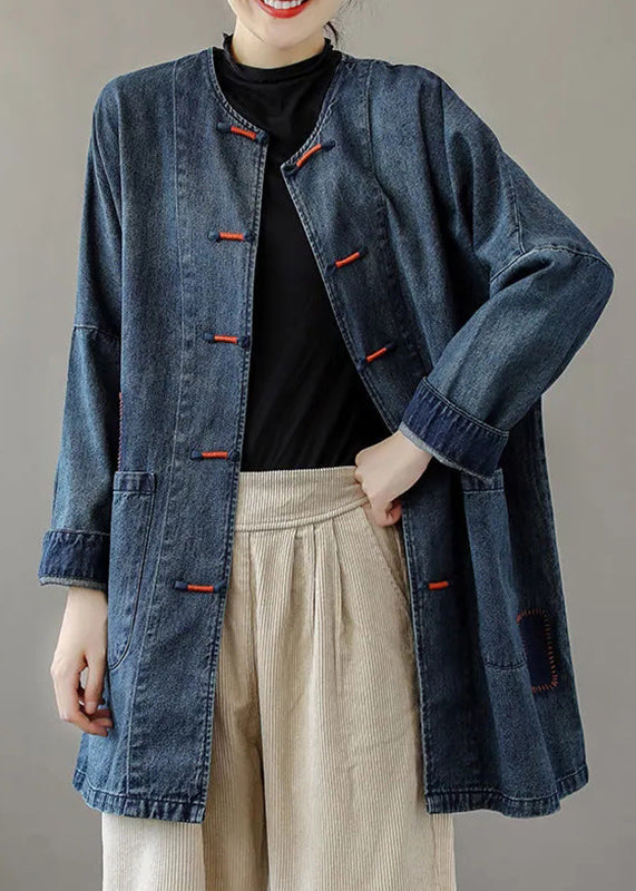 French Blue O-Neck Pockets Patchwork Denim Coats Long Sleeve