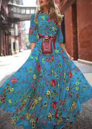 French Blue O-Neck Print Chiffon Long Dresses Half Sleeve