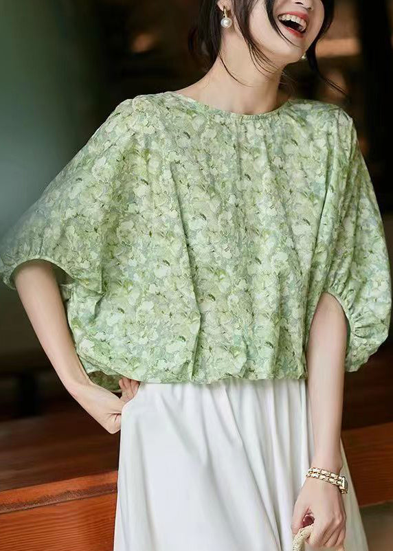 French Green O Neck Print Lace Up Cotton Tops Batwing Sleeve