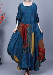 French Blue O Neck Print Patchwork Silk Maxi Dresses Spring