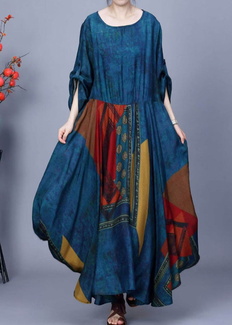 French Blue O Neck Print Patchwork Silk Maxi Dresses Spring