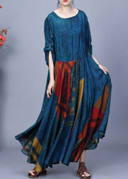 French Blue O Neck Print Patchwork Silk Maxi Dresses Spring