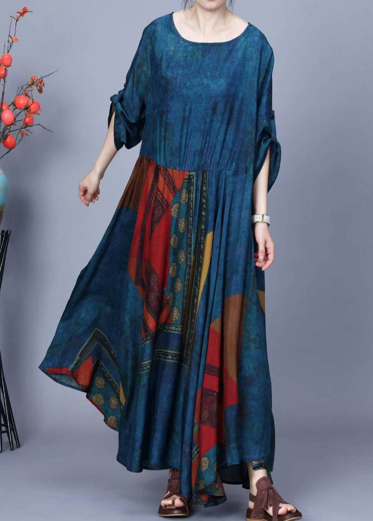 French Blue O Neck Print Patchwork Silk Maxi Dresses Spring