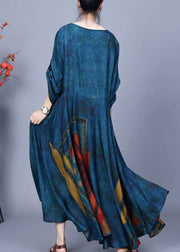 French Blue O Neck Print Patchwork Silk Maxi Dresses Spring