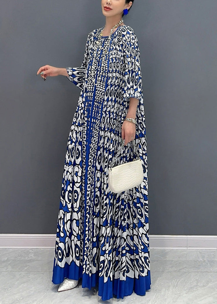 French Blue O Neck Print Wrinkled Long Dress Bracelet Sleeve