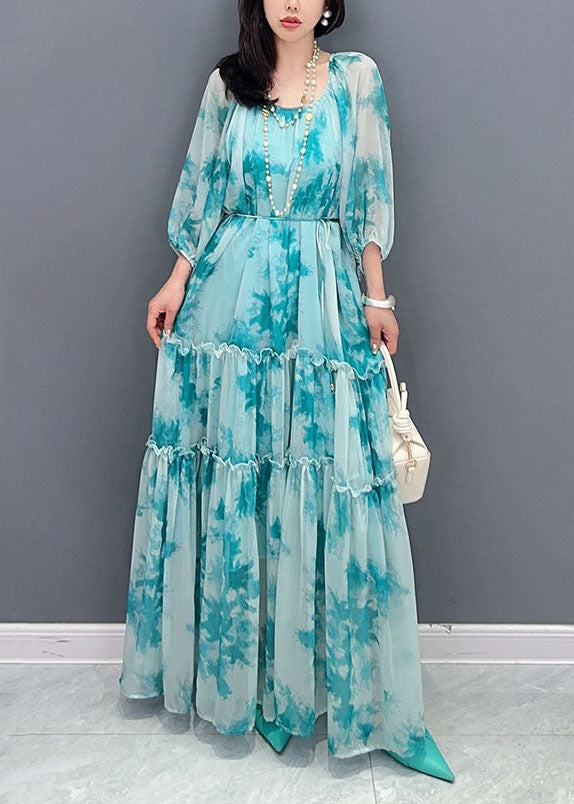 French Blue O Neck Ruffled Patchwork Long Chiffon Dress Summer