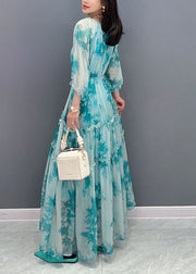 French Blue O Neck Ruffled Patchwork Long Chiffon Dress Summer