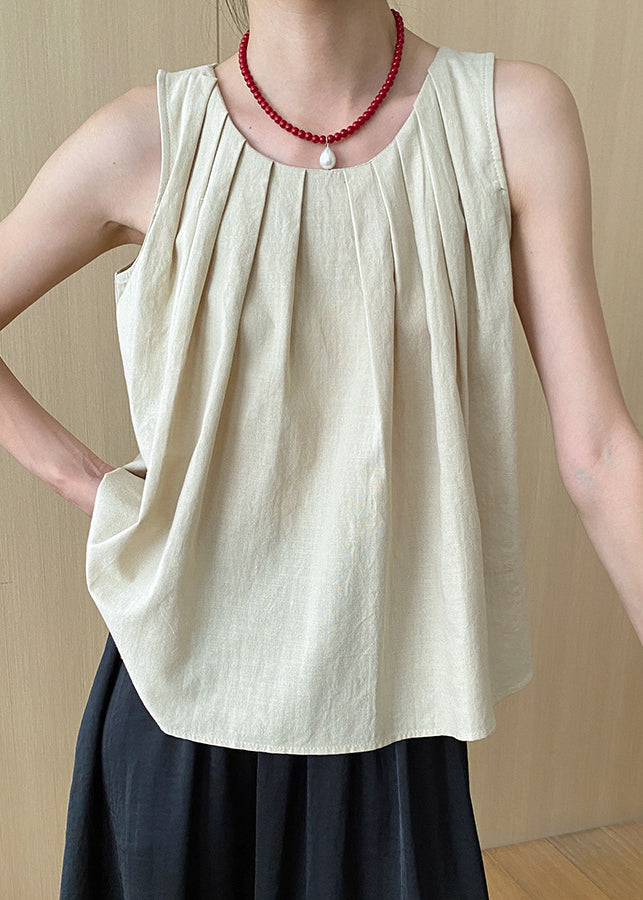 French Blue O Neck Wrinkled Cotton Tops Sleeveless