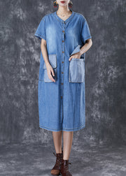 French Blue Oversized Patchwork Pockets Cotton Vacation Dresses Fall