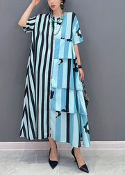 French Blue Oversized Patchwork Striped Cotton Dresses Short Sleeve