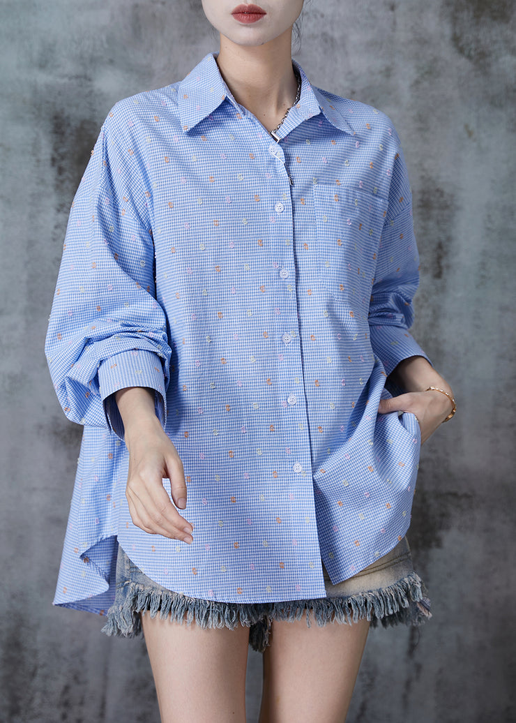 French Blue Oversized Plaid Cotton Shirts Spring