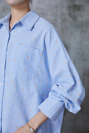 French Blue Oversized Plaid Cotton Shirts Spring