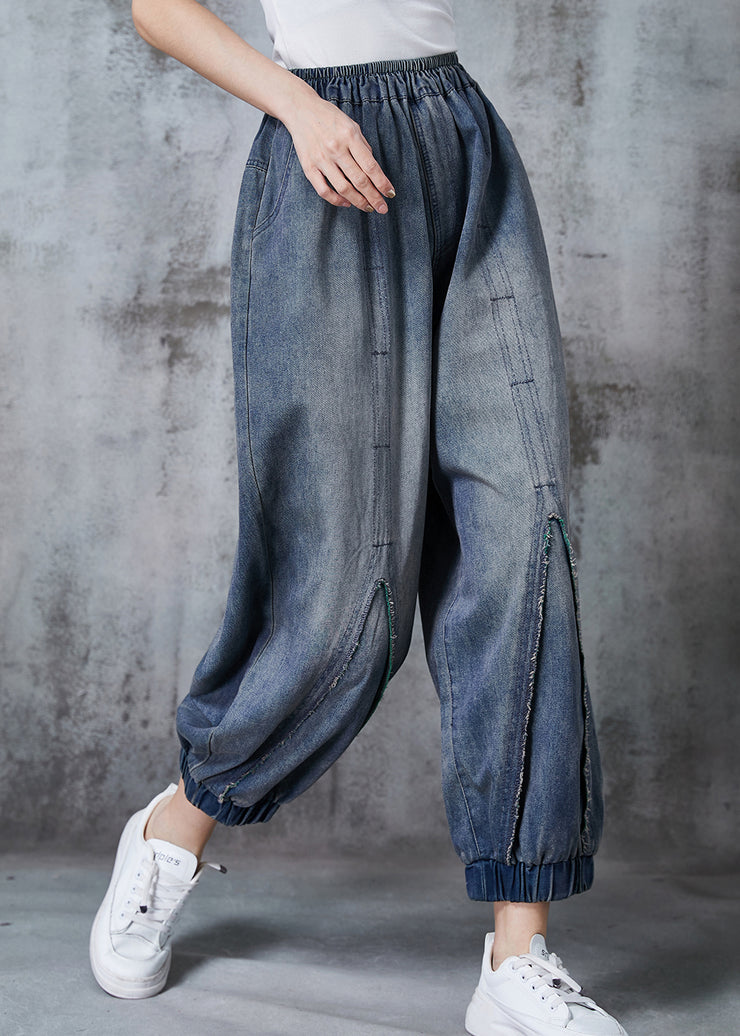 French Blue Oversized Pockets Denim Harem Pants Summer