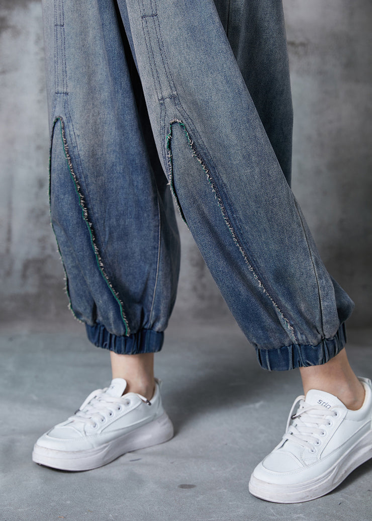 French Blue Oversized Pockets Denim Harem Pants Summer