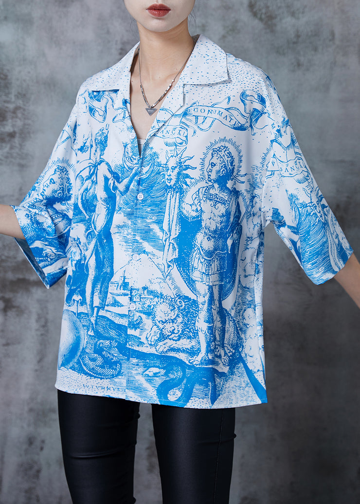 French Blue Oversized Print Chiffon Shirt Tops Summer