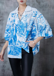 French Blue Oversized Print Chiffon Shirt Tops Summer