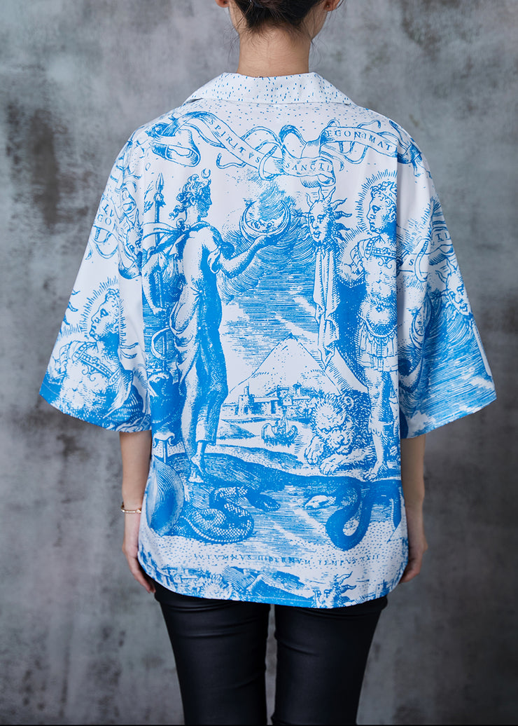 French Blue Oversized Print Chiffon Shirt Tops Summer