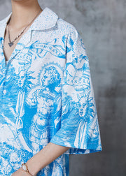 French Blue Oversized Print Chiffon Shirt Tops Summer