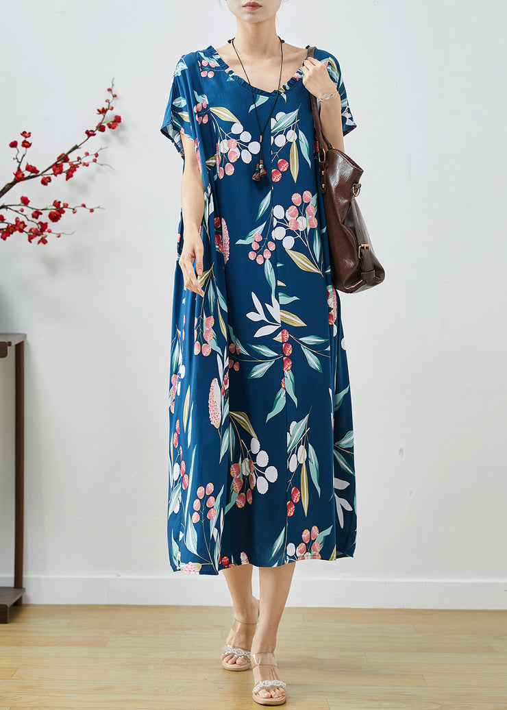 French Blue Oversized Print Cotton Maxi Dresses Summer