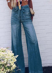 French Blue Oversized Tie Waist Denim Wide Leg Pants Summer