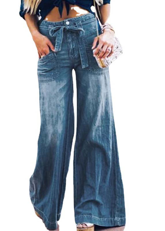 French Blue Oversized Tie Waist Denim Wide Leg Pants Summer