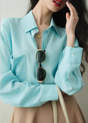 French Blue Patchwork Button Shirt Spring