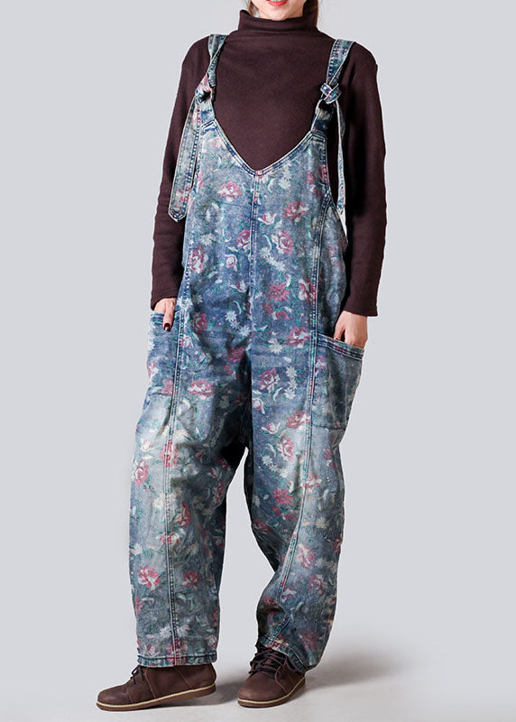 French Blue Patchwork Print Denim Jumpsuit Spring