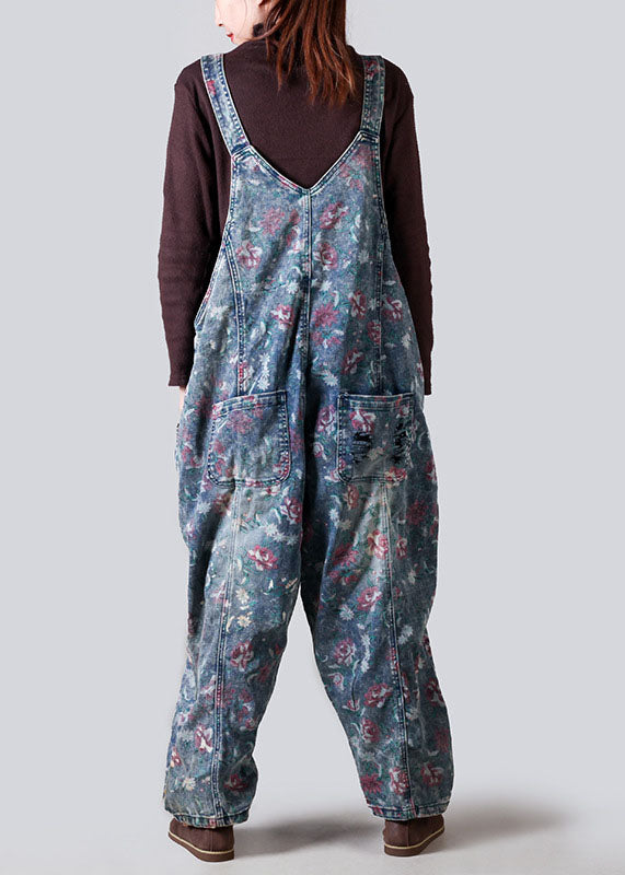 French Blue Patchwork Print Denim Jumpsuit Spring