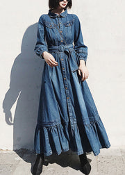 French Blue Peter Pan Collar Button Denim Dress Long Sleeve