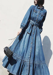 French Blue Peter Pan Collar Button Denim Dress Long Sleeve