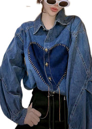 French Blue Peter Pan Collar Button Patchwork Denim Shirts Top Fall