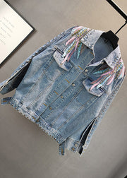 French Blue Peter Pan Collar Embroideried Patchwork Tassel Cotton Denim Coat Long Sleeve