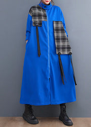 French Blue Peter Pan Collar Plaid Patchwork Zippered Long Trench Coats Spring