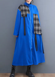 French Blue Peter Pan Collar Plaid Patchwork Zippered Long Trench Coats Spring