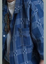 French Blue Plaid Button Cotton Men Shirts Summer