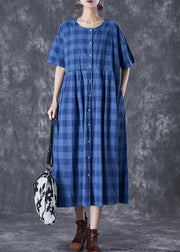 French Blue Plaid Button Down Linen Long Dresses Summer