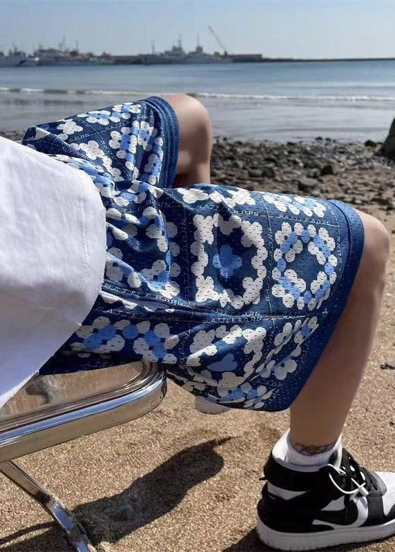 French Blue Pockets Elastic Waist Cotton Men Shorts Summer