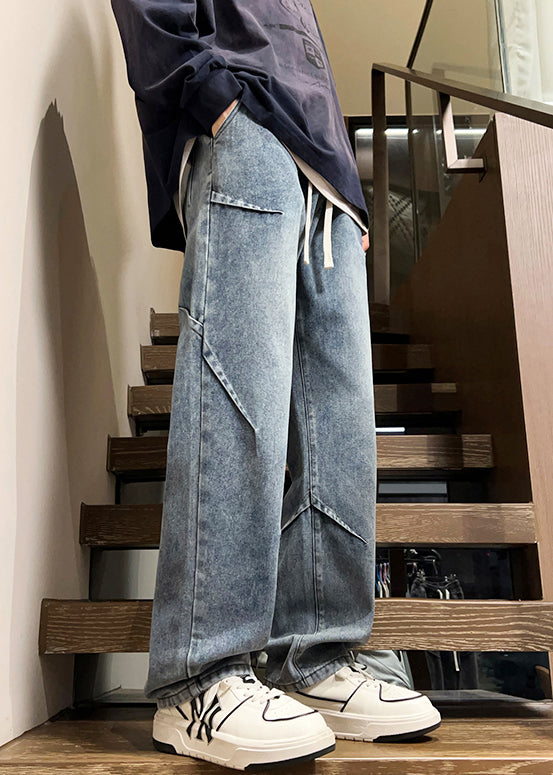 French Blue Pockets Elastic Waist Denim Men Pants Fall