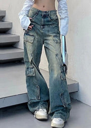 French Blue Pockets Elastic Waist Denim Pants Fall